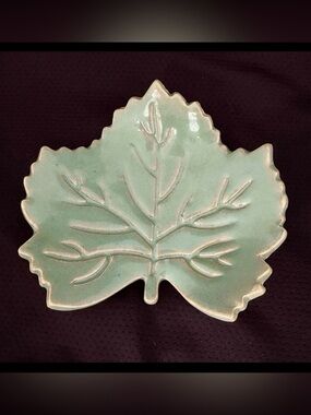 Vintage Pottery Leaf Trinket Dish Green/Gold Trim MCM Signed